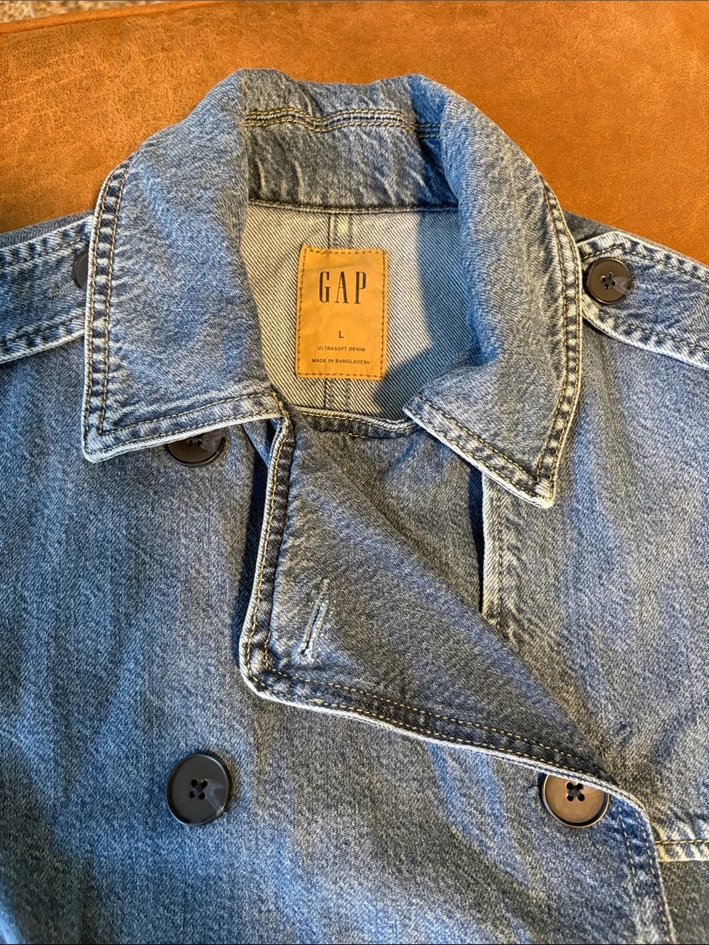 GAP Denim Trench Jacket Women’s Large Cropped Double Breasted Light Wash - Picture 4 of 11